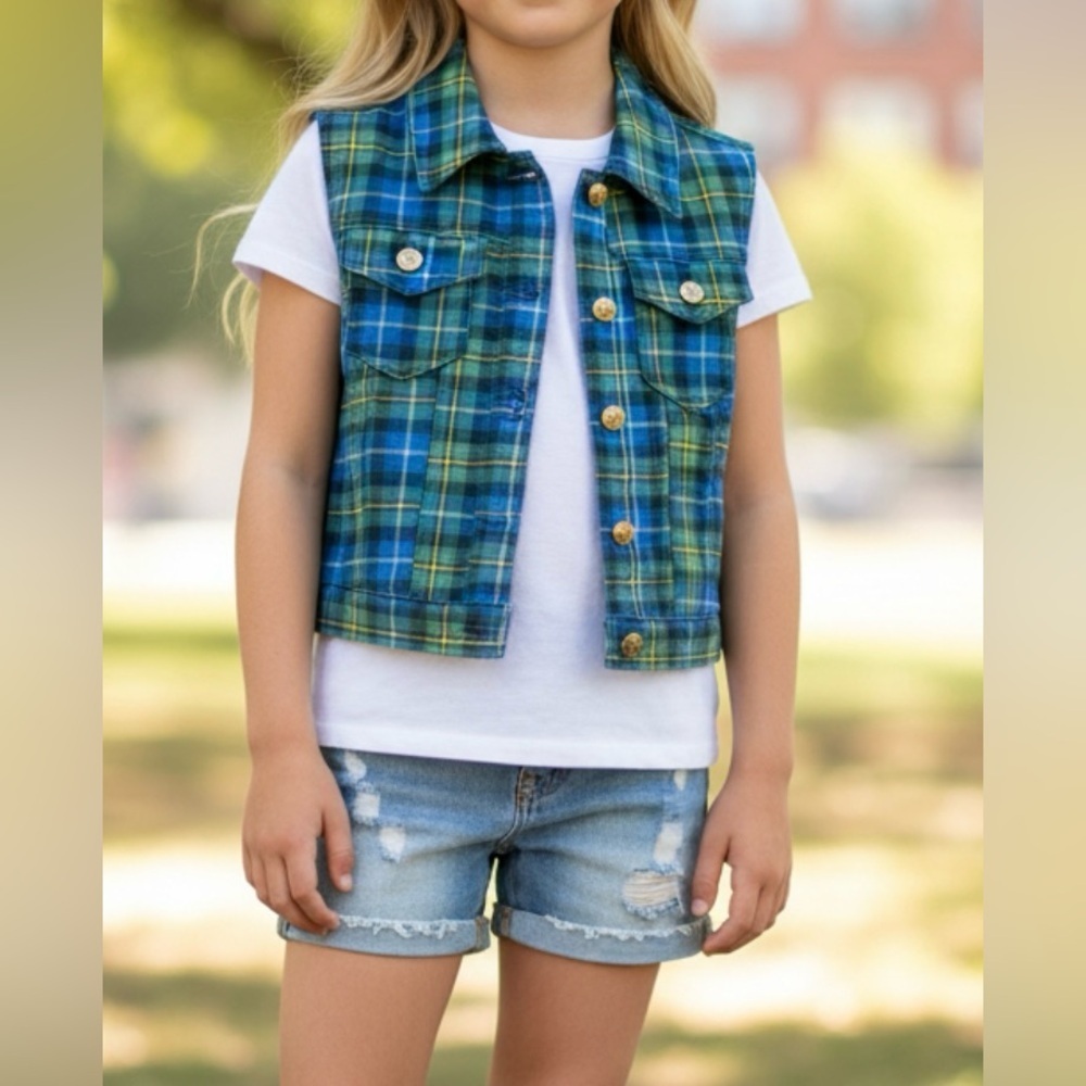 Fiorucci Blue and Green Plaid Kids Vest